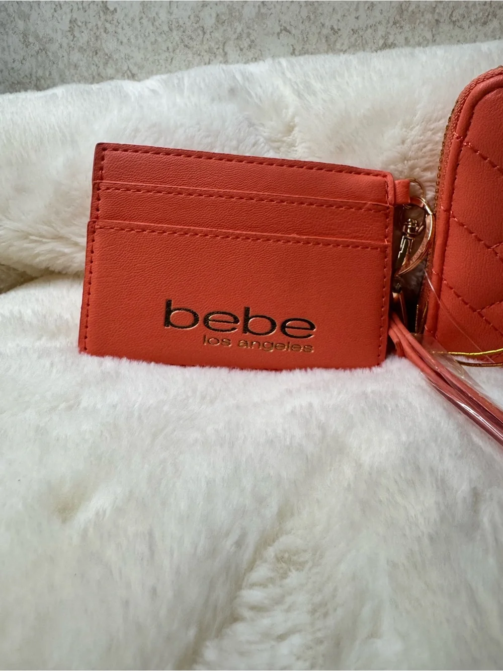 bebe Quilted Wristlet Wallet in Coral NWT and card holder